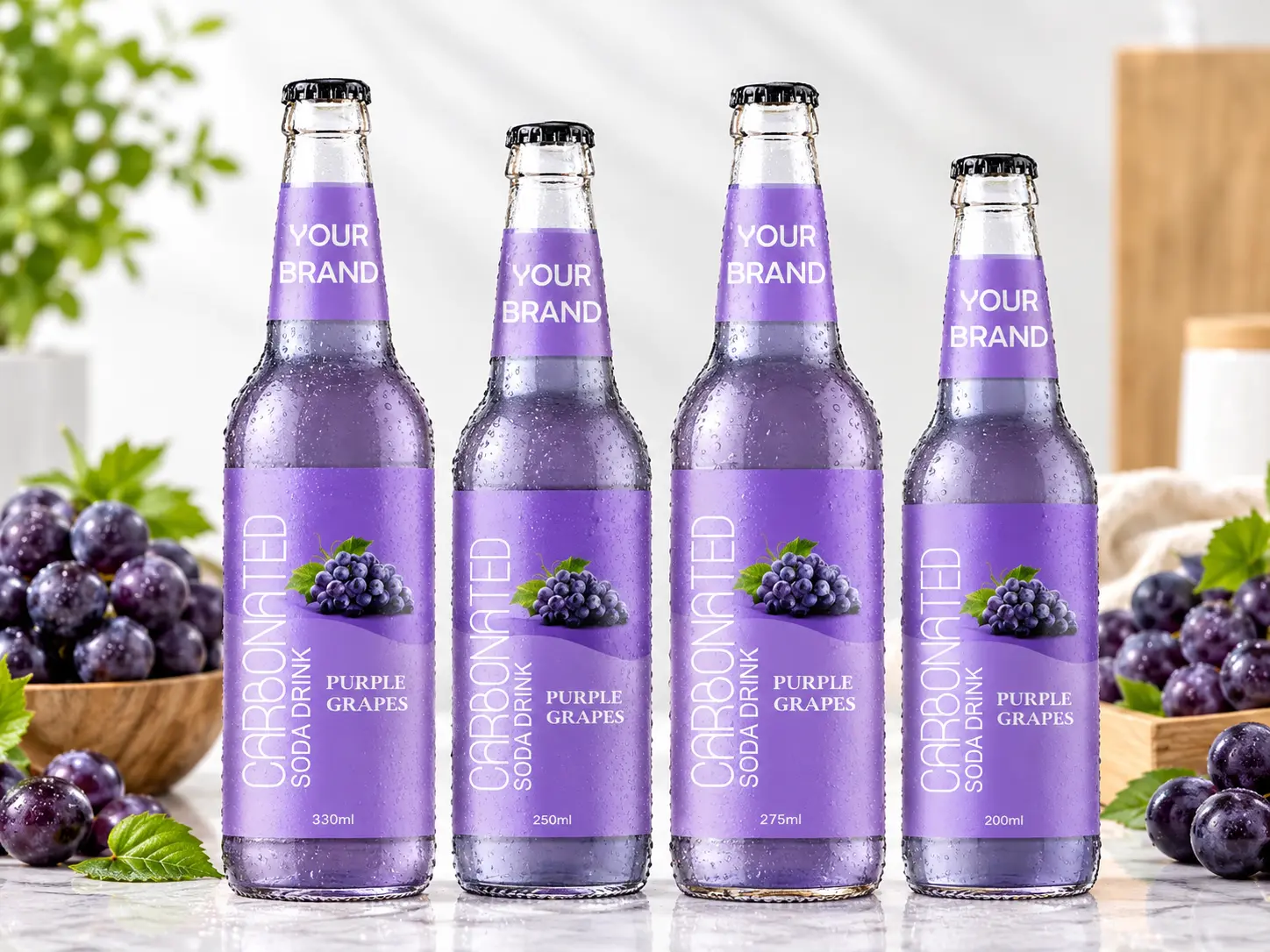 CARBONATED SODA DRINK Purple Grapes flavour in 330ml, 250ml, 275ml and 200ml glass bottles.